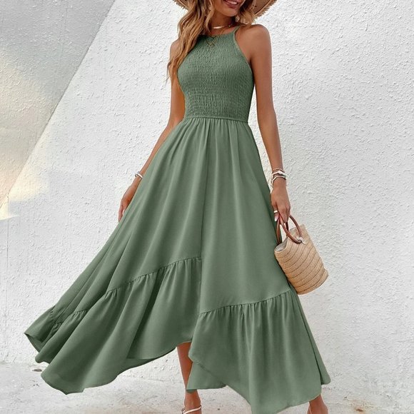. Dresses & Skirts - Green Boho Womens Shirred Hanky Hem Cami Dress